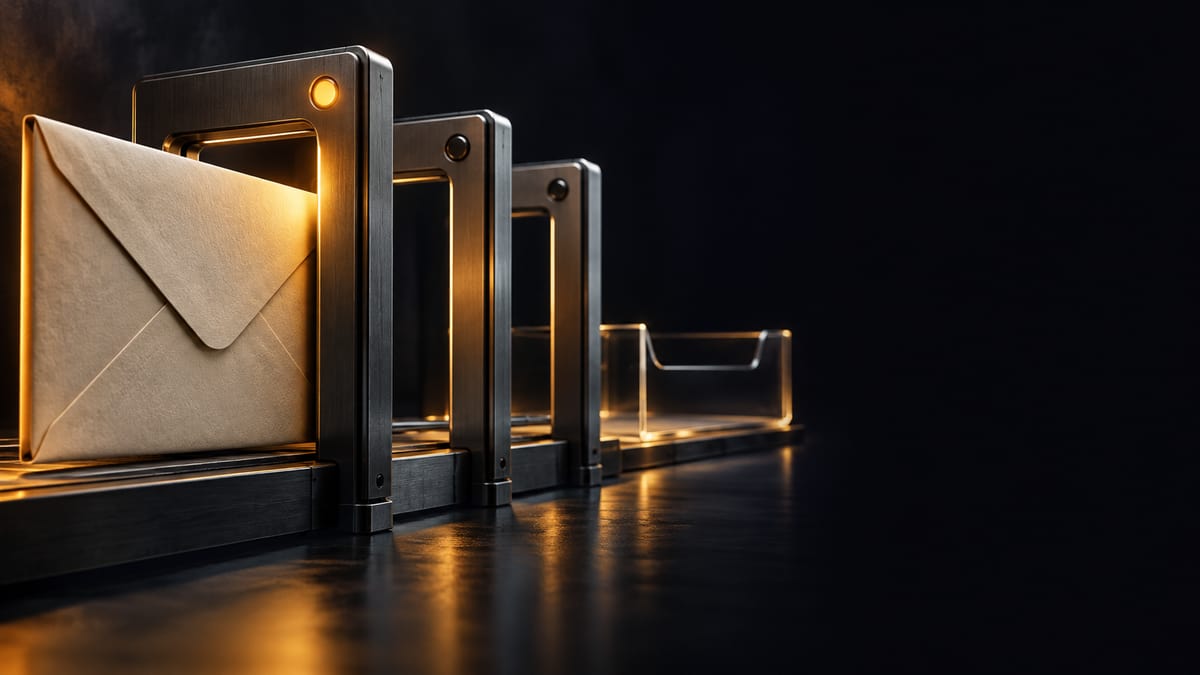 Illustration conceptuelle : enveloppe traversant des cadres de filtrage.