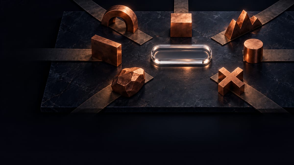 Illustration conceptuelle : obstacles cuivrés entourant un bouton en verre.