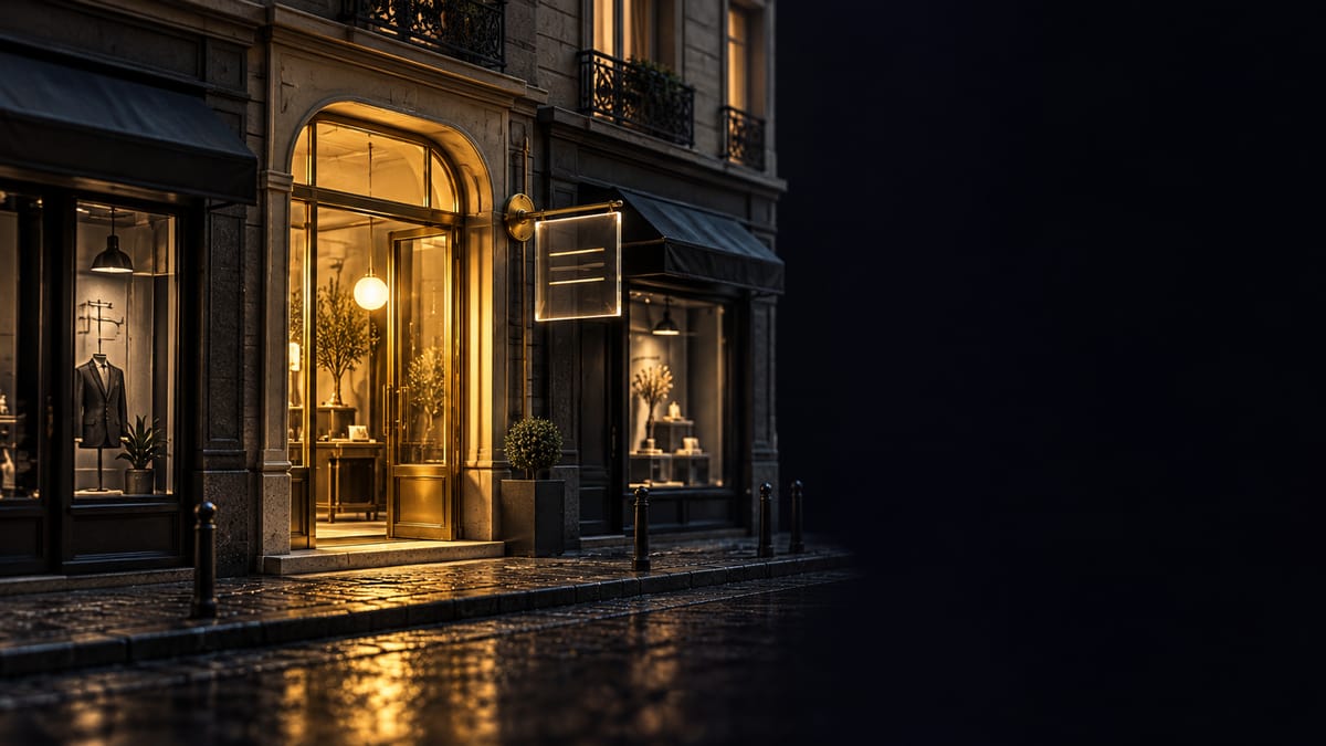 Illustration conceptuelle : entrée de boutique éclairée dans une rue imaginaire.