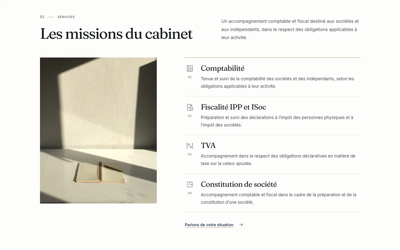 EZI Tax Consulting : rendre les missions lisibles. Capture de la section publique.