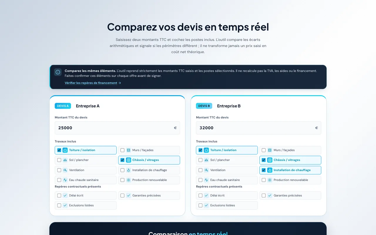 PEBify : comparer les devis à périmètre égal. Capture de la section publique.