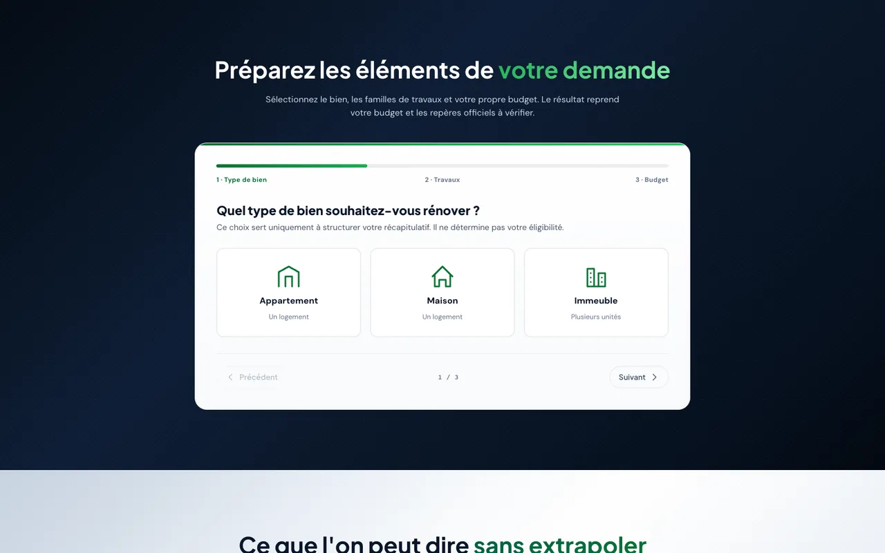 PEBify : s’orienter dans le financement. Capture de la section publique.