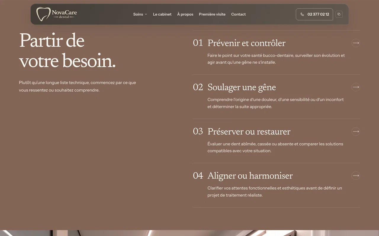 NovaCare Dental : partir du besoin du patient. Capture de la section publique.