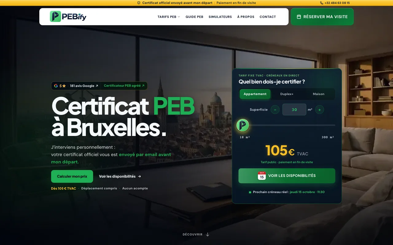 Accueil de PEBify avec présentation du certificat PEB et calculateur de tarif