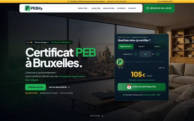 Accueil de PEBify avec présentation du certificat PEB et calculateur de tarif