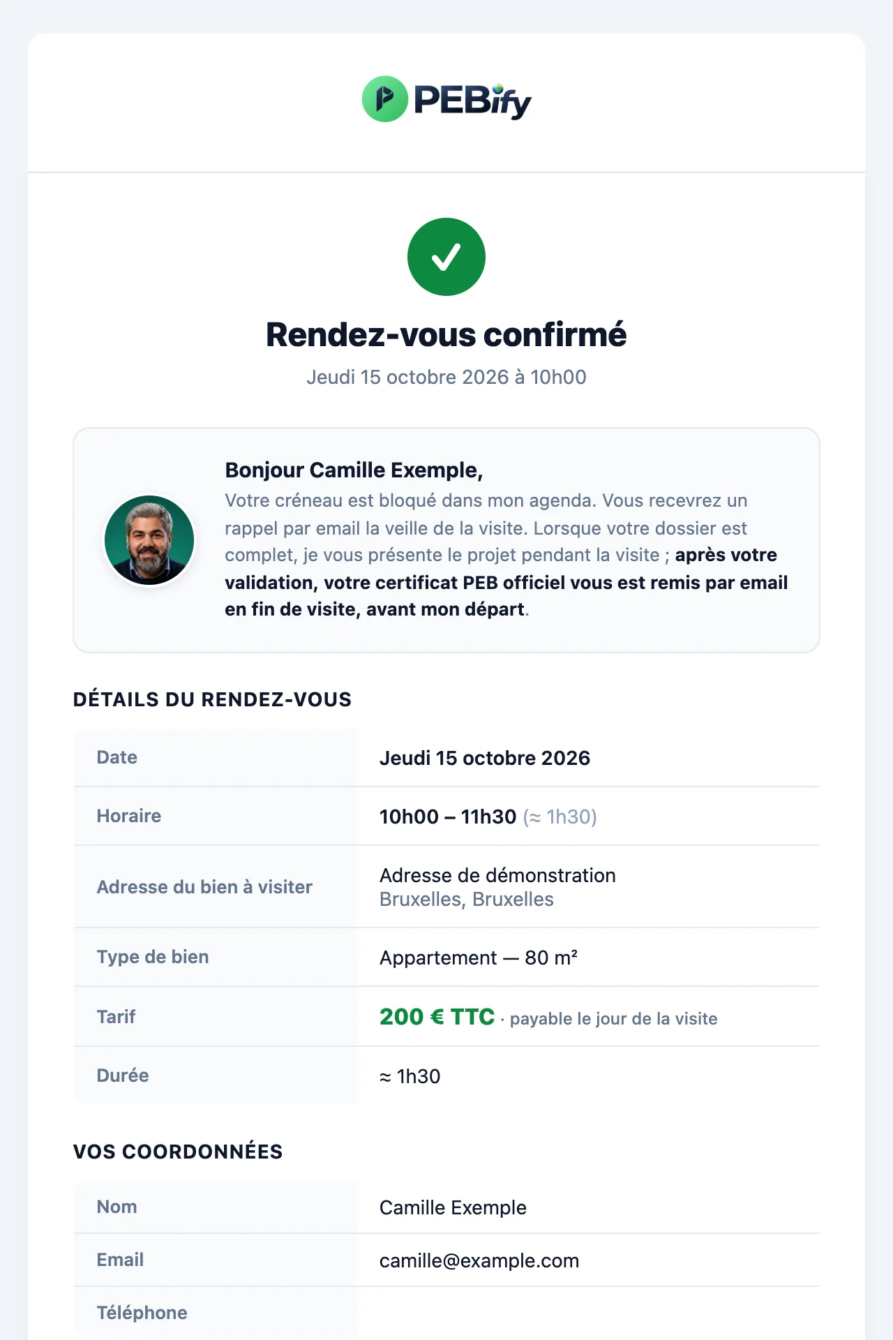 Confirmation de rendez-vous PEBify