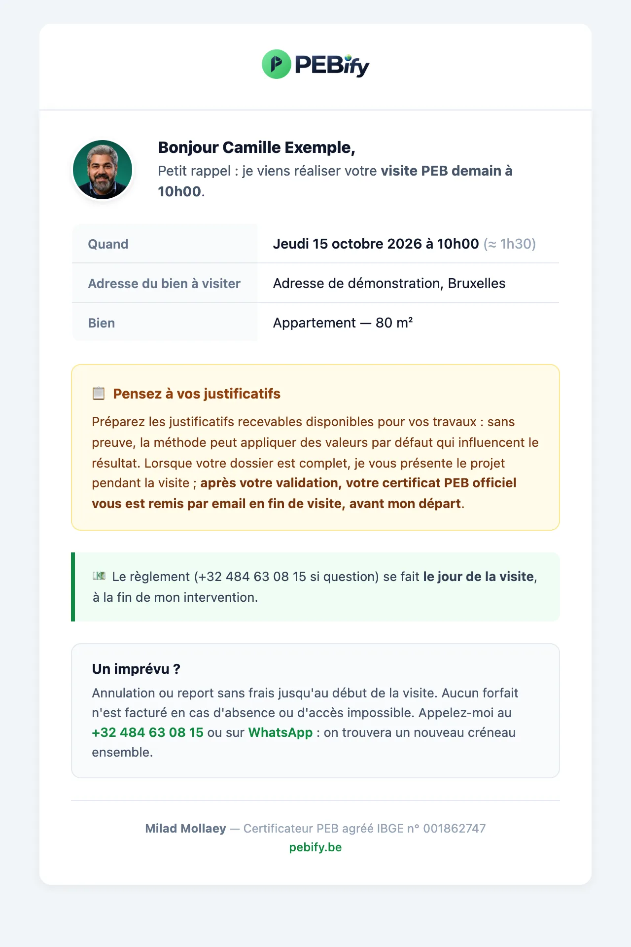Rappel avant la visite PEBify