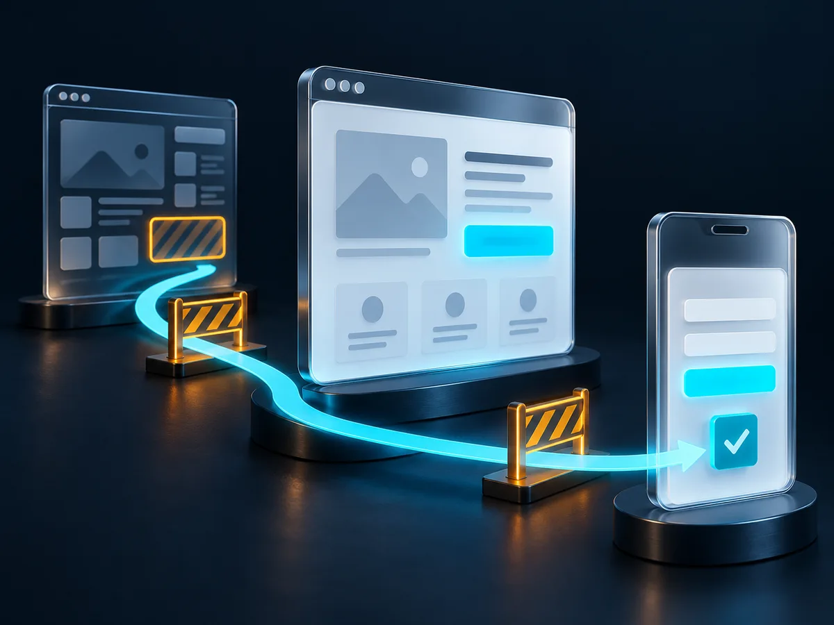 Illustration d’un parcours web simplifié, de la page visitée à la demande sur mobile.